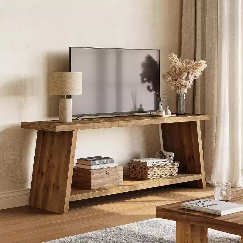 Meuble TV Lantine en bois massif, console multimédia de style campagnard à 2 niveaux pour téléviseurs de 55/60/65 pouces, meuble TV moderne du milieu du siècle pour salon (marron, 63 pouces)