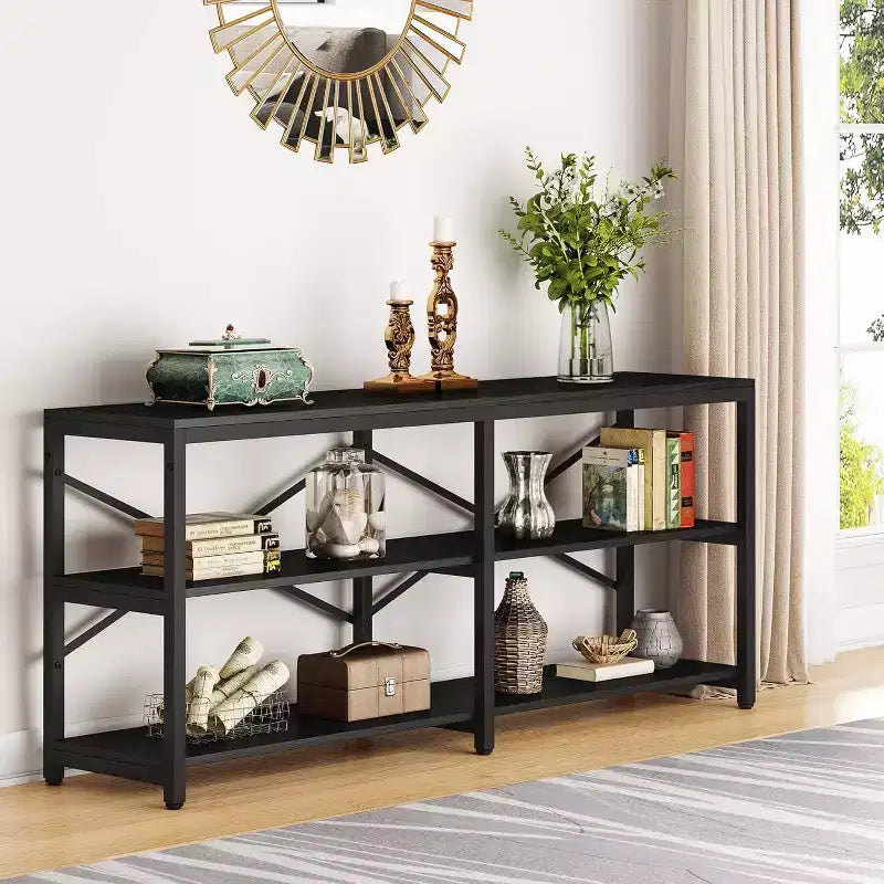 Lantine Console étroite extra longue de 180 cm, Table de canapé moderne avec étagères de rangement, Table d'entrée industrielle à 3 niveaux pour salon, Noir