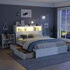 Cadre de lit double Whisen, lit en bois avec tête de lit de rangement et armoire de rangement coulissante, tiroirs