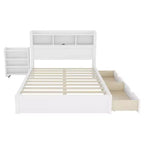 Cadre de lit double Whisen, lit en bois avec tête de lit de rangement et armoire de rangement coulissante, tiroirs