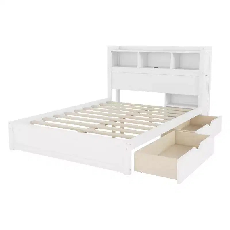 Cadre de lit double Whisen, lit en bois avec tête de lit de rangement et armoire de rangement coulissante, tiroirs