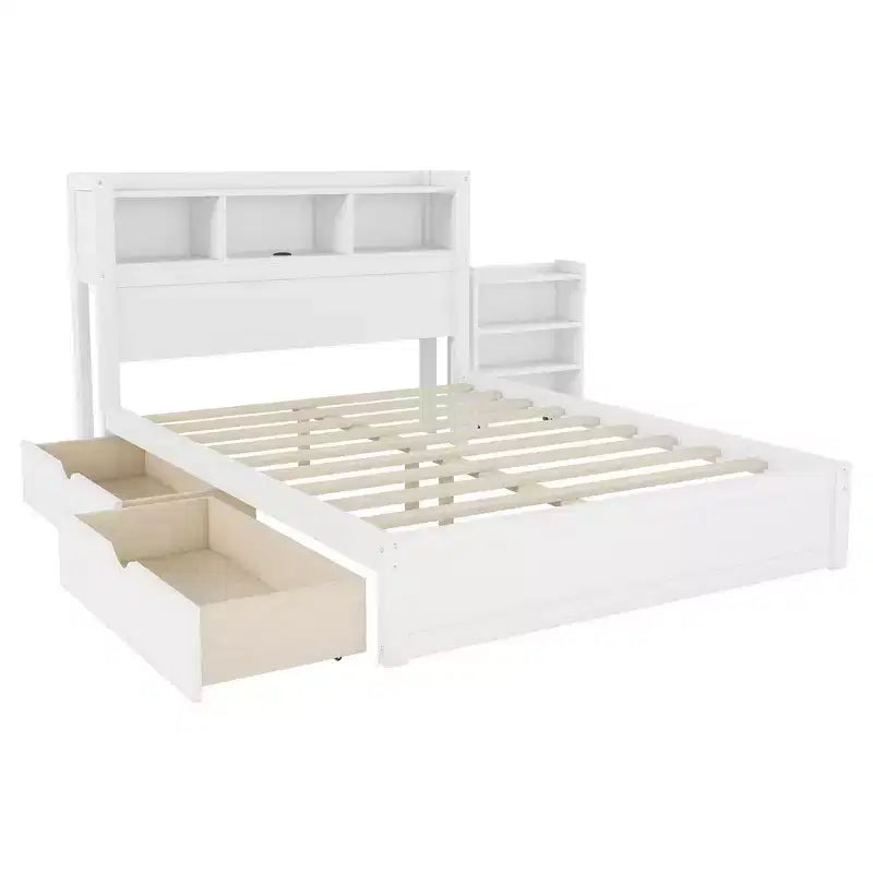 Cadre de lit double Whisen, lit en bois avec tête de lit de rangement et armoire de rangement coulissante, tiroirs