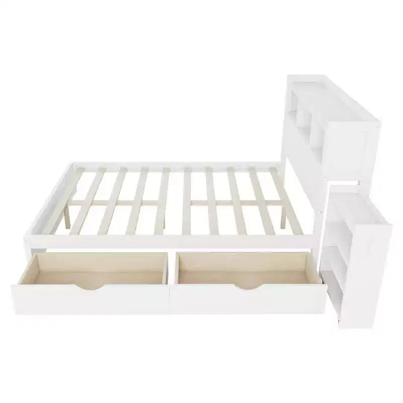 Cadre de lit double Whisen, lit en bois avec tête de lit de rangement et armoire de rangement coulissante, tiroirs