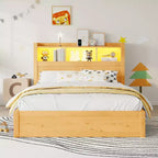 Cadre de lit double Whisen, lit en bois avec tête de lit de rangement et armoire de rangement coulissante, tiroirs