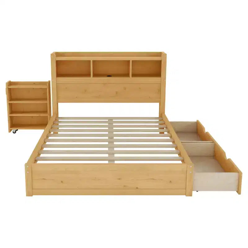 Cadre de lit double Whisen, lit en bois avec tête de lit de rangement et armoire de rangement coulissante, tiroirs