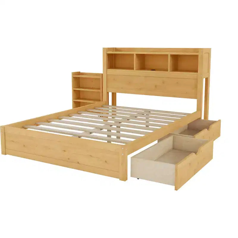 Cadre de lit double Whisen, lit en bois avec tête de lit de rangement et armoire de rangement coulissante, tiroirs