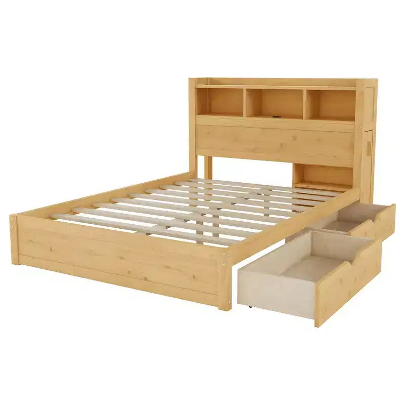 Cadre de lit double Whisen, lit en bois avec tête de lit de rangement et armoire de rangement coulissante, tiroirs