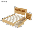 Cadre de lit double Whisen, lit en bois avec tête de lit de rangement et armoire de rangement coulissante, tiroirs