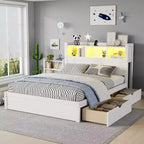 Cadre de lit double Whisen, lit en bois avec tête de lit de rangement et armoire de rangement coulissante, tiroirs