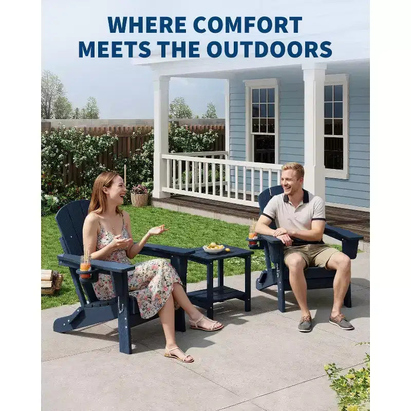 Lot de 2 chaises Adirondack pliantes avec table d'appoint, texture bois HDPE tout temps et porte-gobelet pour terrasse, patio, jardin, noir
