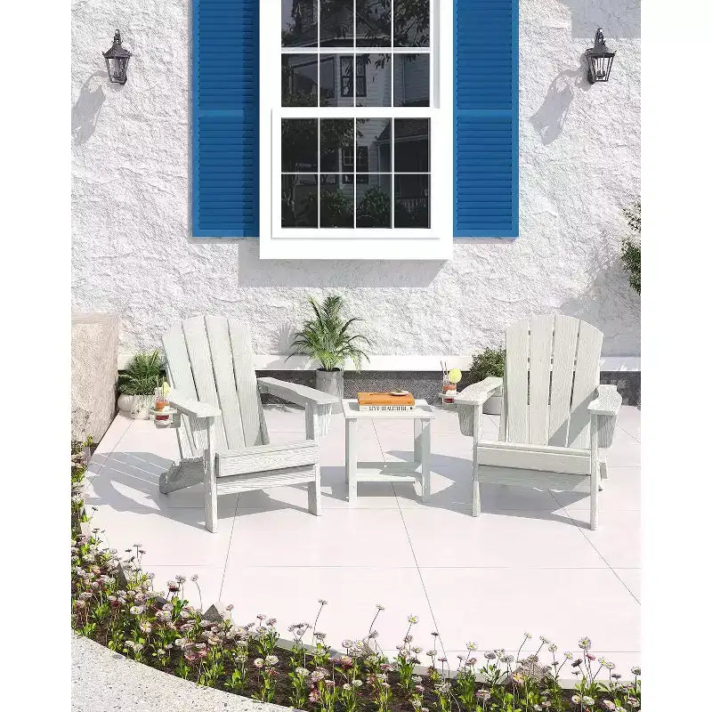 Lot de 2 chaises Adirondack pliantes avec table d'appoint, texture bois HDPE tout temps et porte-gobelet pour terrasse, patio, jardin, noir