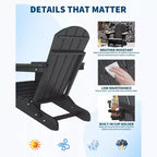 Lot de 2 chaises Adirondack pliantes avec table d'appoint, texture bois HDPE tout temps et porte-gobelet pour terrasse, patio, jardin, noir