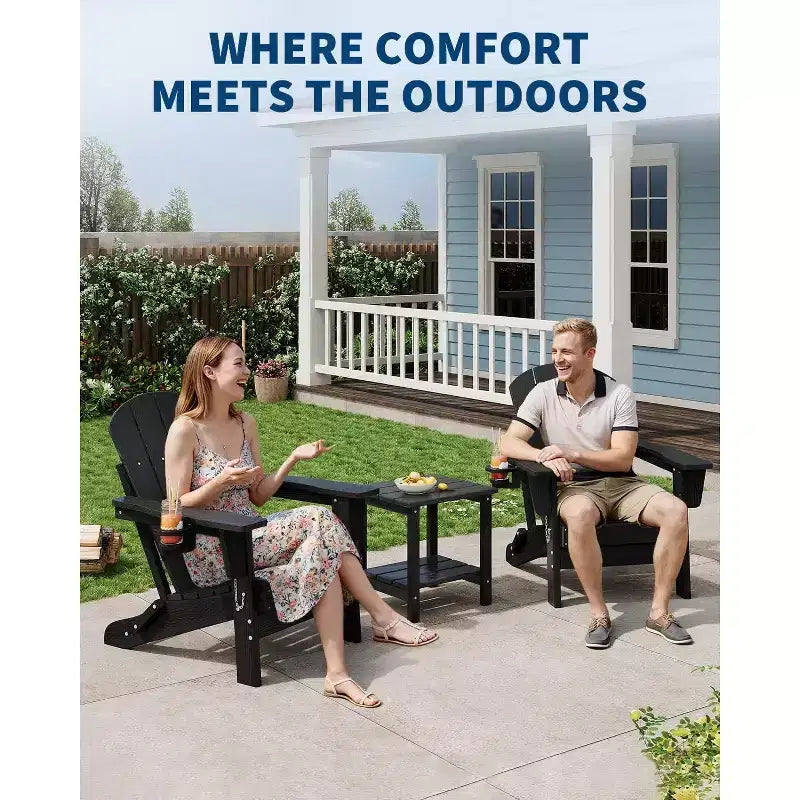 Lot de 2 chaises Adirondack pliantes avec table d'appoint, texture bois HDPE tout temps et porte-gobelet pour terrasse, patio, jardin, noir