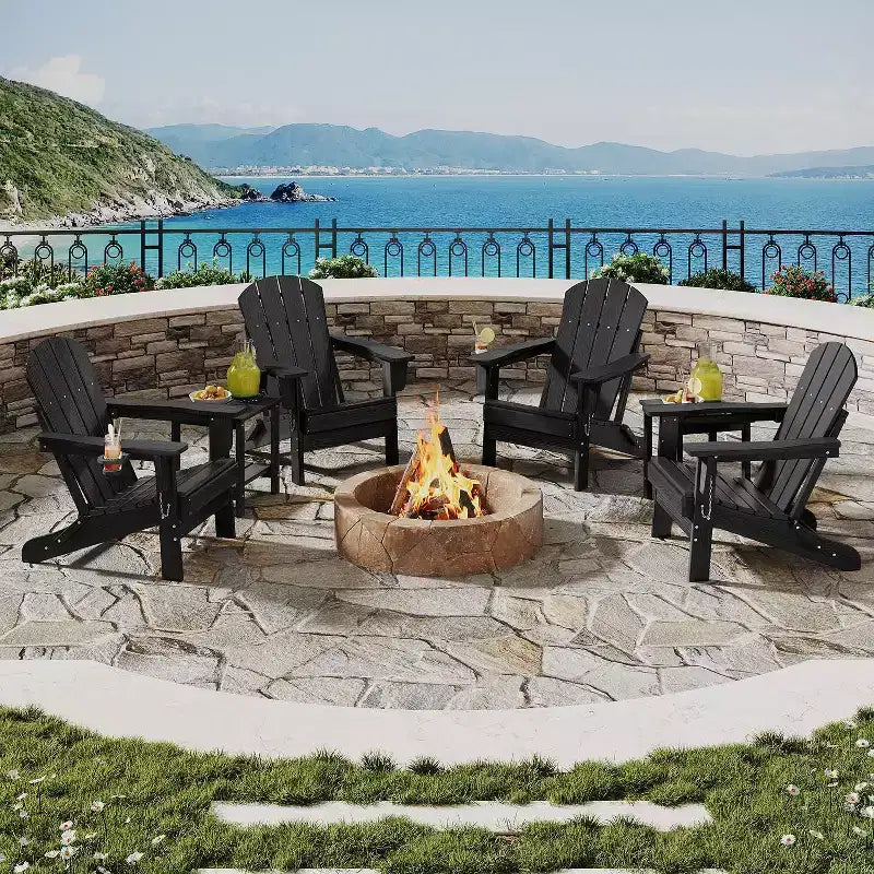 Lot de 2 chaises Adirondack pliantes avec table d'appoint, texture bois HDPE tout temps et porte-gobelet pour terrasse, patio, jardin, noir