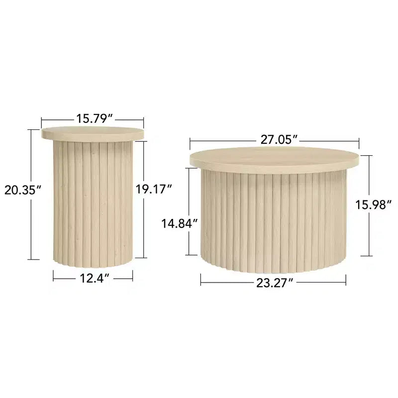 Tables basses rondes cannelées FurnitureR, lot de 2 tables gigognes en bois naturel pour salon ou lounge