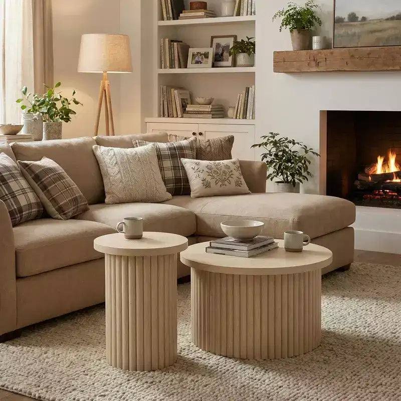 Tables basses rondes cannelées FurnitureR, lot de 2 tables gigognes en bois naturel pour salon ou lounge