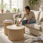 Tables basses rondes cannelées FurnitureR, lot de 2 tables gigognes en bois naturel pour salon ou lounge