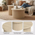 Tables basses rondes cannelées FurnitureR, lot de 2 tables gigognes en bois naturel pour salon ou lounge