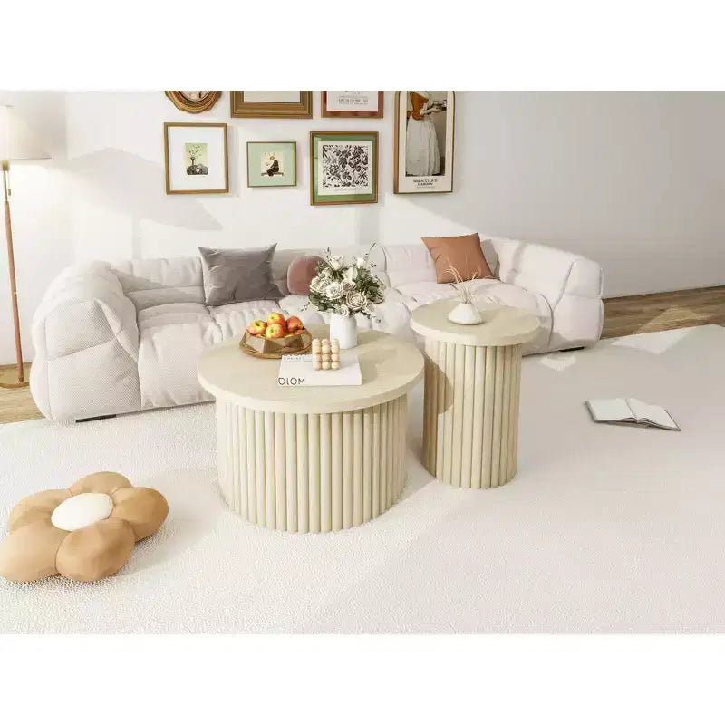 Tables basses rondes cannelées FurnitureR, lot de 2 tables gigognes en bois naturel pour salon ou lounge