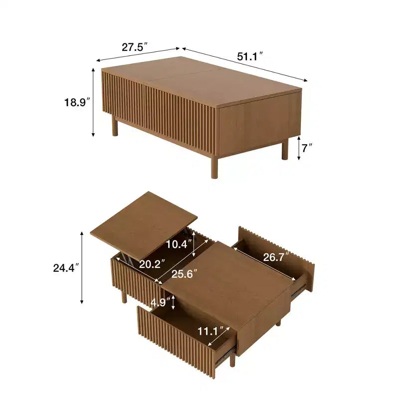 Table basse élévatrice moderne Luck Live 51.1 avec 2 tiroirs de rangement et un compartiment caché