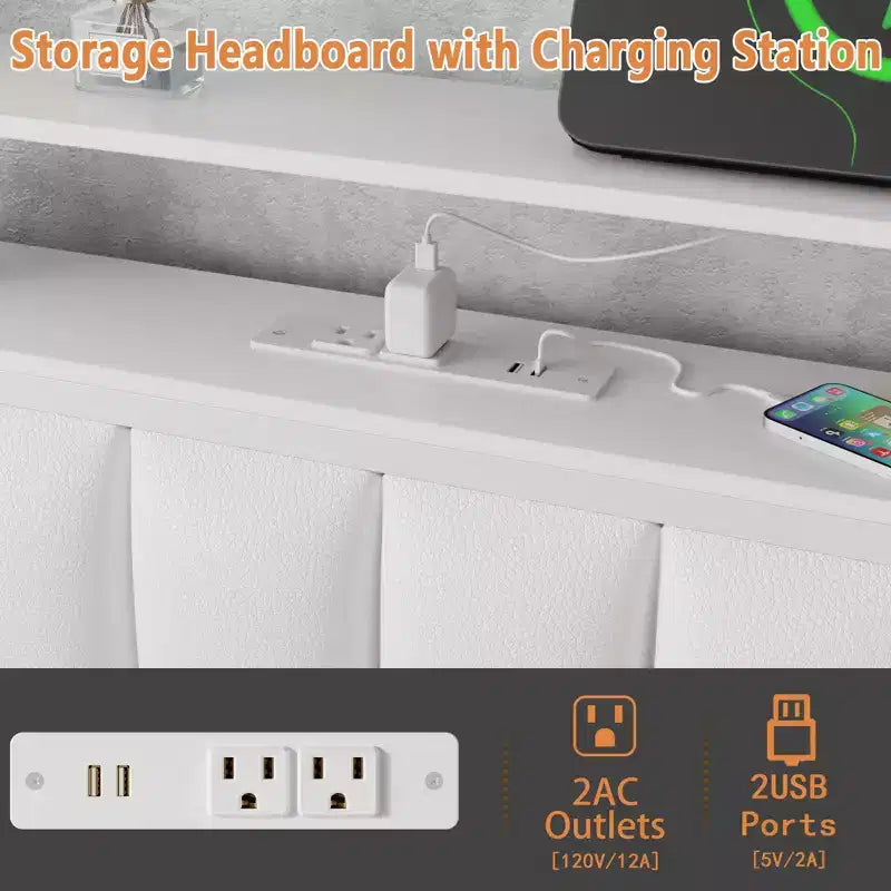 Cadre de lit double moderne blanc avec station de recharge, lumières LED, tête de lit de rangement, lit plateforme rembourré, pas besoin de sommier tapissier, chambre d'adolescent gamer