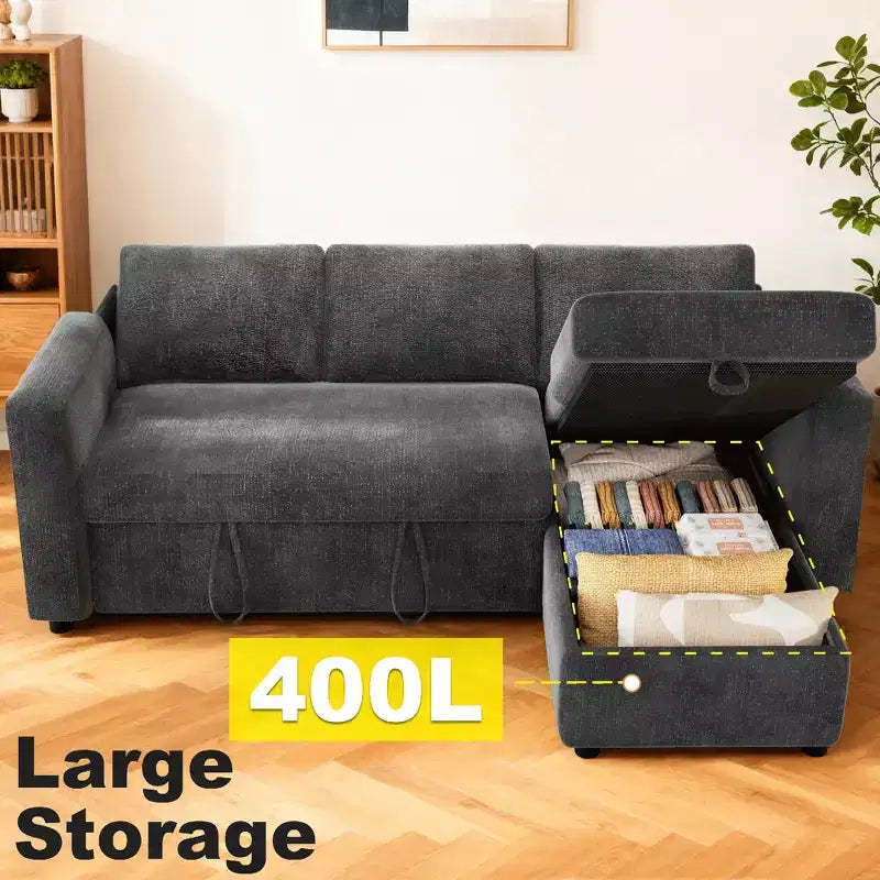 Canapé convertible Dyonery - Canapé-lit 2-en-1 avec rangement et méridienne, canapé sectionnel en chenille avec ports USB, assemblage sans outils