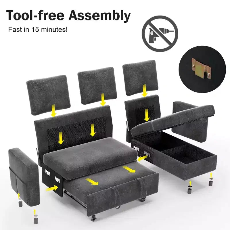 Canapé convertible Dyonery - Canapé-lit 2-en-1 avec rangement et méridienne, canapé sectionnel en chenille avec ports USB, assemblage sans outils