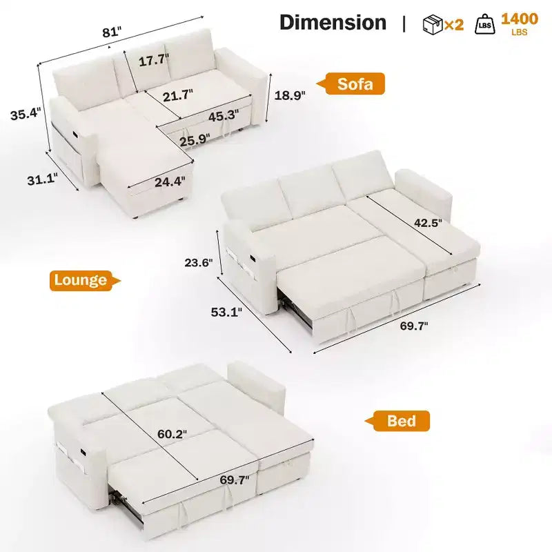 Canapé convertible Dyonery - Canapé-lit 2-en-1 avec rangement et méridienne, canapé sectionnel en chenille avec ports USB, assemblage sans outils