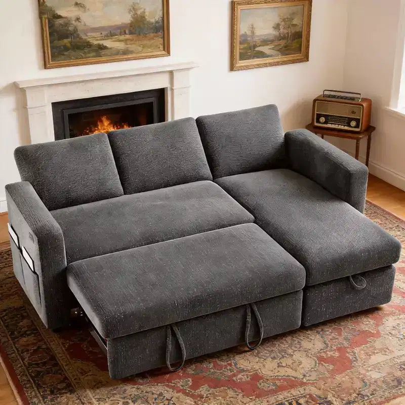 Canapé convertible Dyonery - Canapé-lit 2-en-1 avec rangement et méridienne, canapé sectionnel en chenille avec ports USB, assemblage sans outils