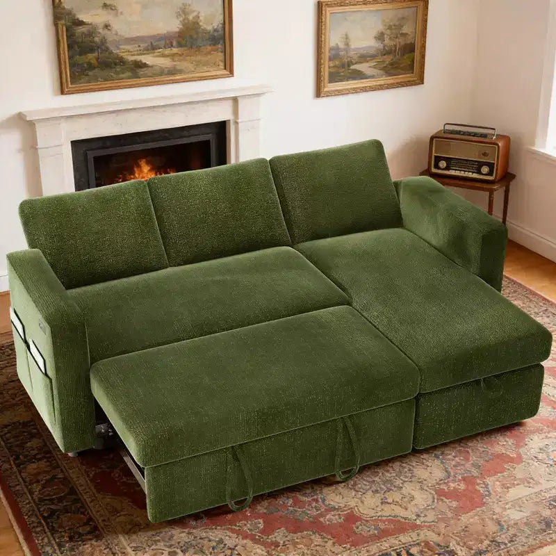 Canapé convertible Dyonery - Canapé-lit 2-en-1 avec rangement et méridienne, canapé sectionnel en chenille avec ports USB, assemblage sans outils