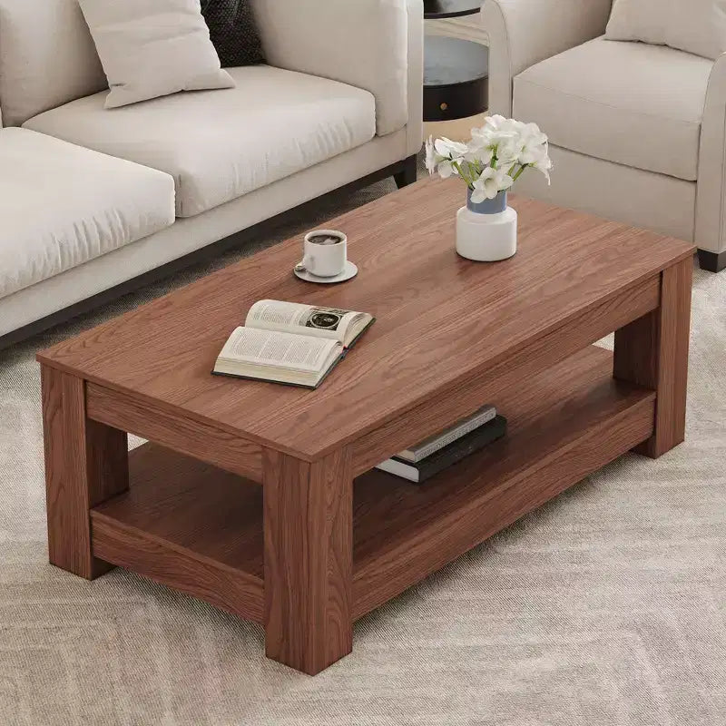 Table basse rectangulaire en bois Ora Maison Modern, table d'appoint industrielle à 2 niveaux, Noyer