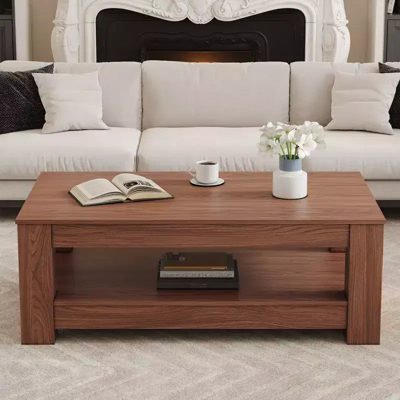Table basse rectangulaire en bois Ora Maison Modern, table d'appoint industrielle à 2 niveaux, Noyer