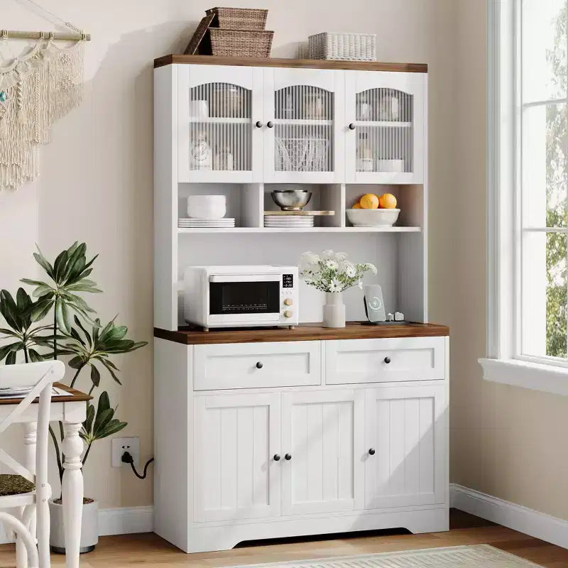 71 armoire de garde-manger avec station de chargement, grande armoire de rangement de cuisine avec support pour micro-ondes, buffet de cuisine de style ferme avec tiroirs de rangement