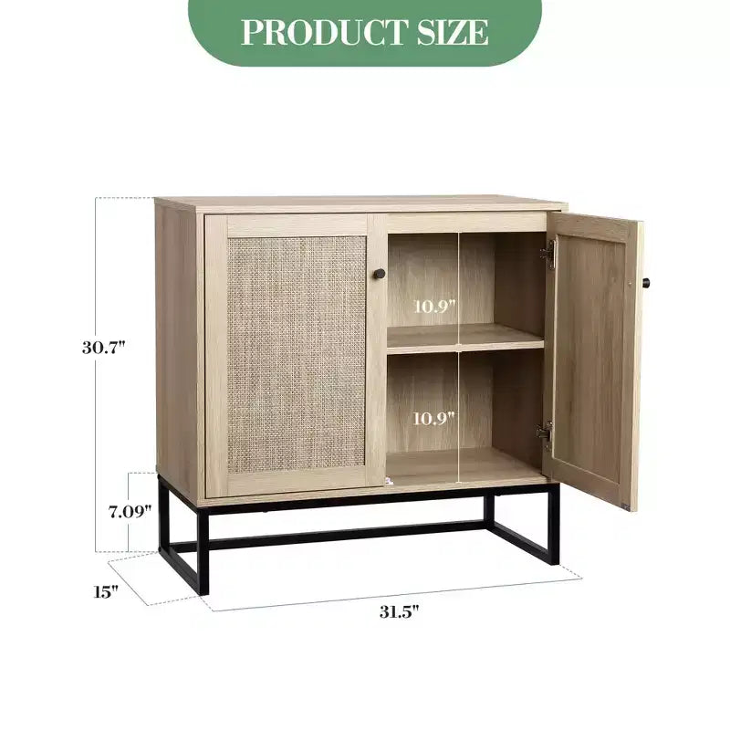 Lot de 2 armoires de rangement, buffet en rotin avec portes décoratives, meuble de cuisine multifonctionnel en chêne clair