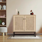Lot de 2 armoires de rangement, buffet en rotin avec portes décoratives, meuble de cuisine multifonctionnel en chêne clair