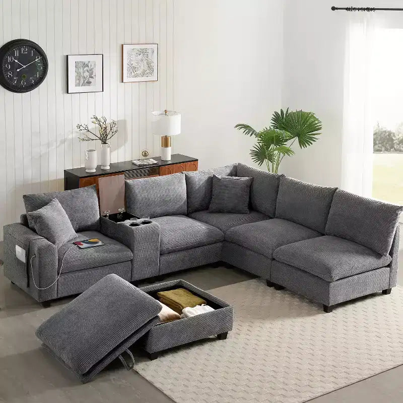Canapé d'angle en chenille Whisen et ensemble de canapés douillets Cloud avec table escamotable, porte-gobelets et accoudoir de rangement
