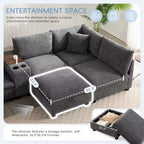 Canapé d'angle en chenille Whisen et ensemble de canapés douillets Cloud avec table escamotable, porte-gobelets et accoudoir de rangement