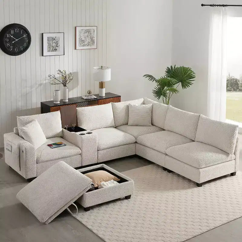 Canapé d'angle en chenille Whisen et ensemble de canapés douillets Cloud avec table escamotable, porte-gobelets et accoudoir de rangement