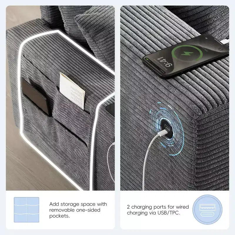 Canapé d'angle en chenille Whisen et ensemble de canapés douillets Cloud avec table escamotable, porte-gobelets et accoudoir de rangement