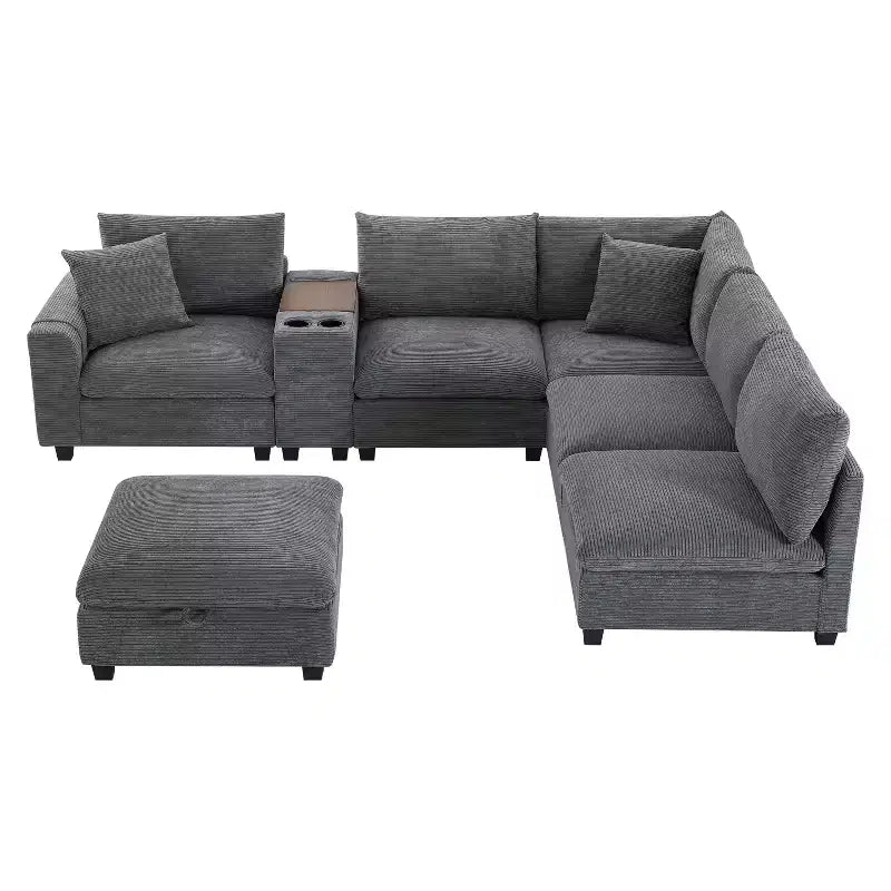 Canapé d'angle en chenille Whisen et ensemble de canapés douillets Cloud avec table escamotable, porte-gobelets et accoudoir de rangement