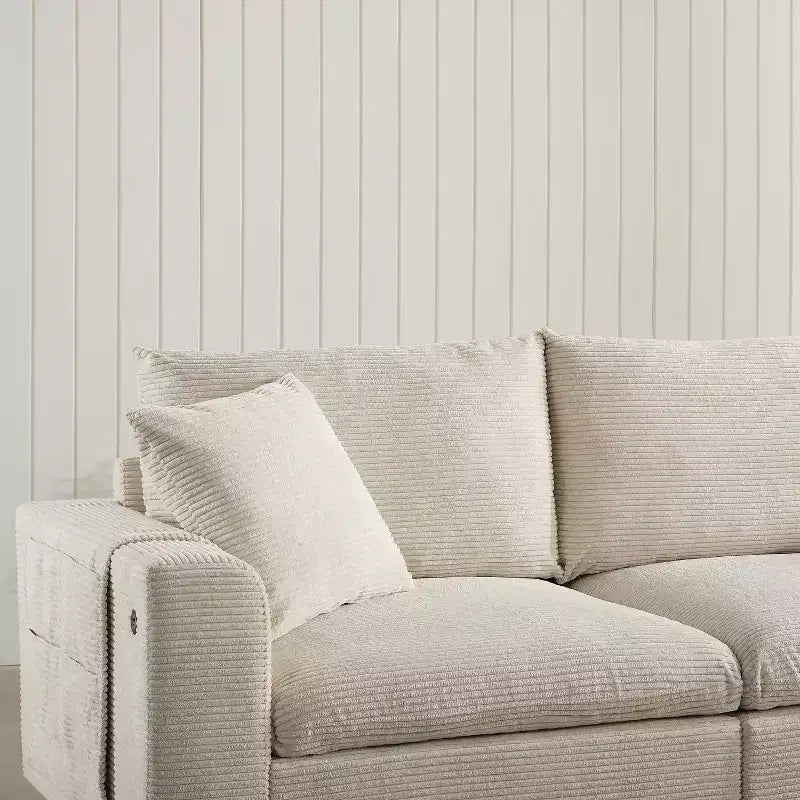 Canapé d'angle en chenille Whisen et ensemble de canapés douillets Cloud avec table escamotable, porte-gobelets et accoudoir de rangement