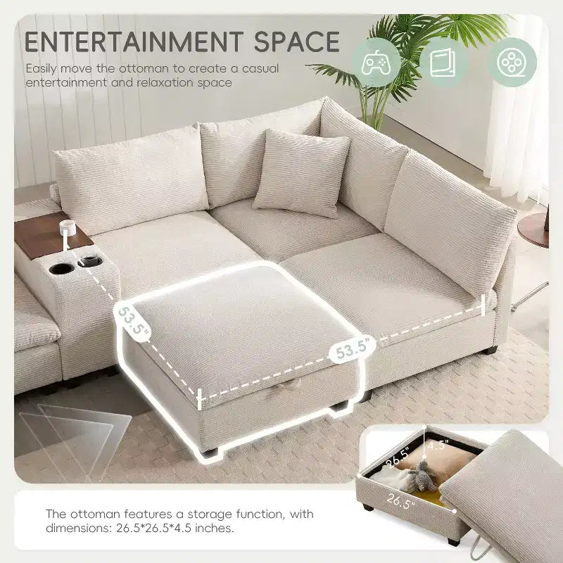Canapé d'angle en chenille Whisen et ensemble de canapés douillets Cloud avec table escamotable, porte-gobelets et accoudoir de rangement