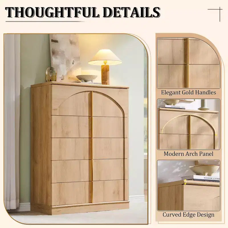 Commode 5 tiroirs, 44 commodes et chiffons hauts, design à panneaux arqués, commode verticale moderne en bois à texture naturelle pour chambre à coucher