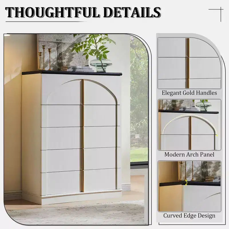 Commode 5 tiroirs, 44 commodes et chiffons hauts, design à panneaux arqués, commode verticale moderne en bois à texture naturelle pour chambre à coucher