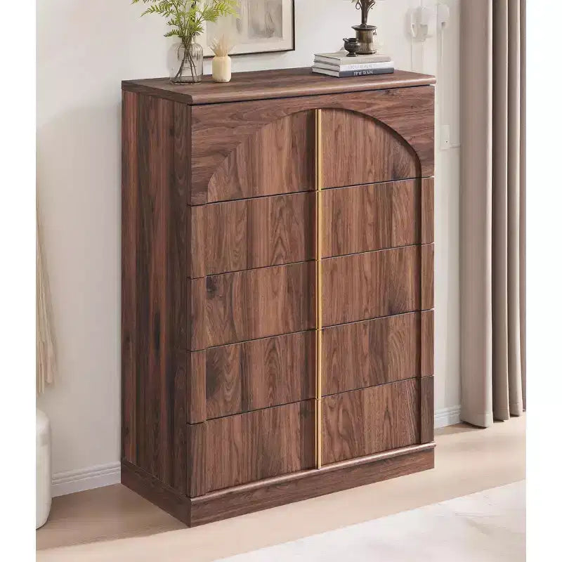 5 Drawer Dresser, 44 Tall Dressers & Chests of Drawers Arched Panel Design, Wood Modern Vertical Dresser Natural Texture for Bedroom