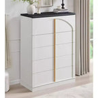Commode 5 tiroirs, 44 commodes et chiffons hauts, design à panneaux arqués, commode verticale moderne en bois à texture naturelle pour chambre à coucher