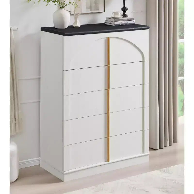Commode 5 tiroirs, 44 commodes et chiffons hauts, design à panneaux arqués, commode verticale moderne en bois à texture naturelle pour chambre à coucher