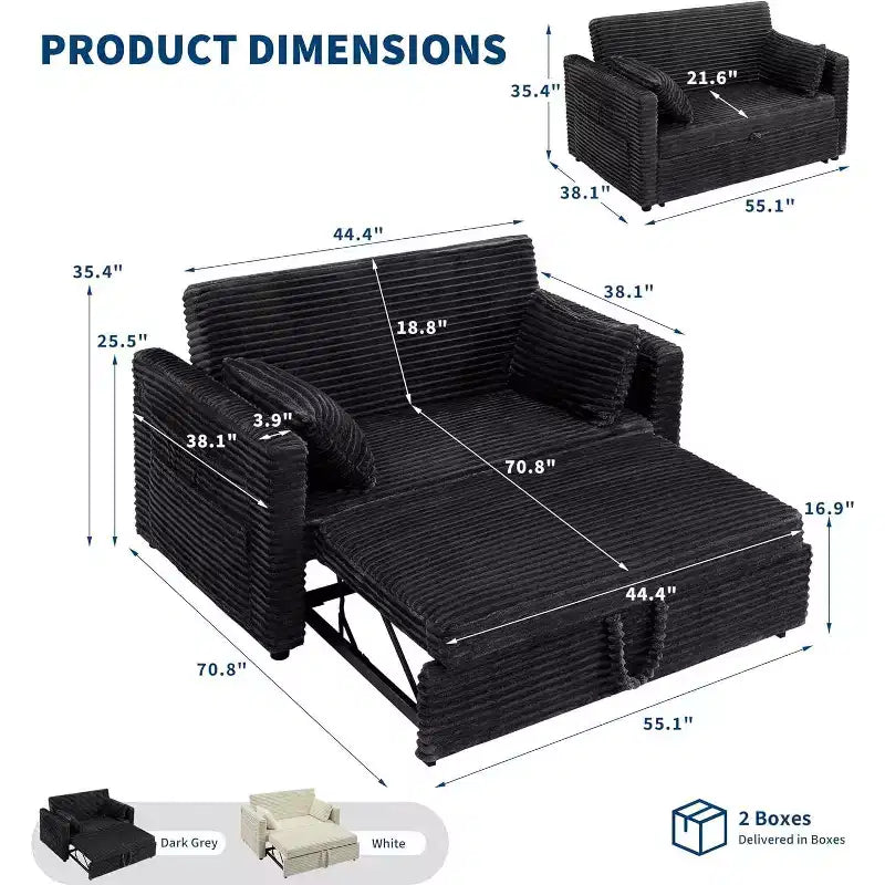 Canapé-lit 2 places en velours côtelé de 122 cm, dossier réglable avec station de charge et poches latérales, canapé-lit escamotable pour salon, chambre à coucher, appartement