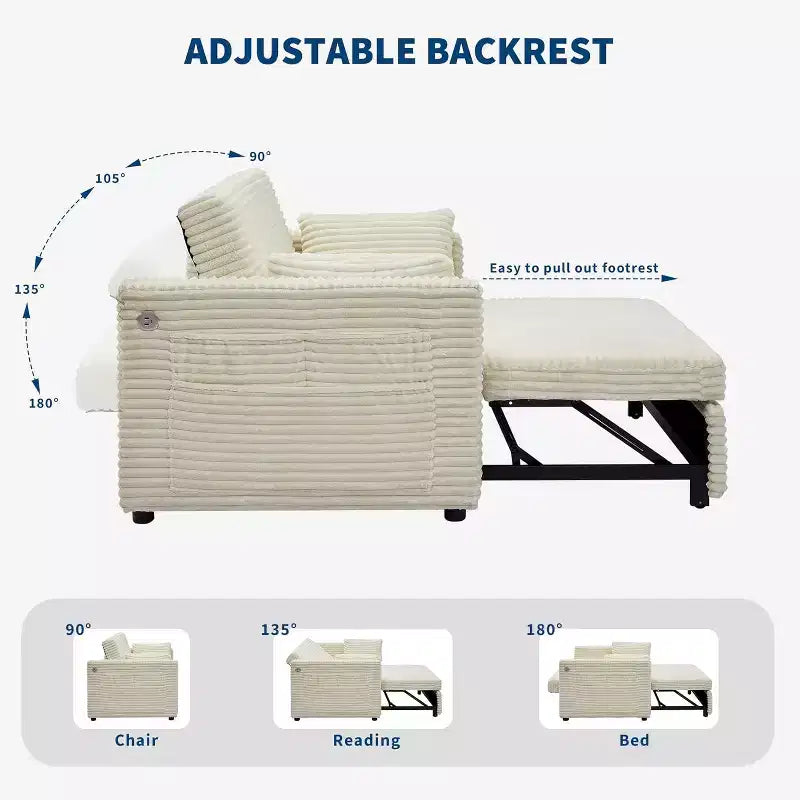 Canapé-lit 2 places en velours côtelé de 122 cm, dossier réglable avec station de charge et poches latérales, canapé-lit escamotable pour salon, chambre à coucher, appartement