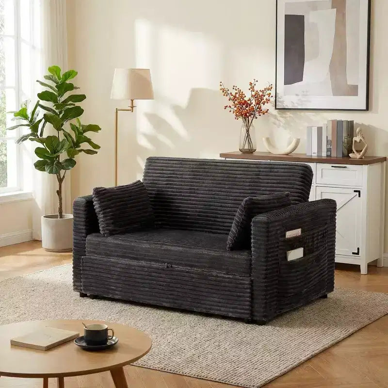 Canapé-lit 2 places en velours côtelé de 122 cm, dossier réglable avec station de charge et poches latérales, canapé-lit escamotable pour salon, chambre à coucher, appartement